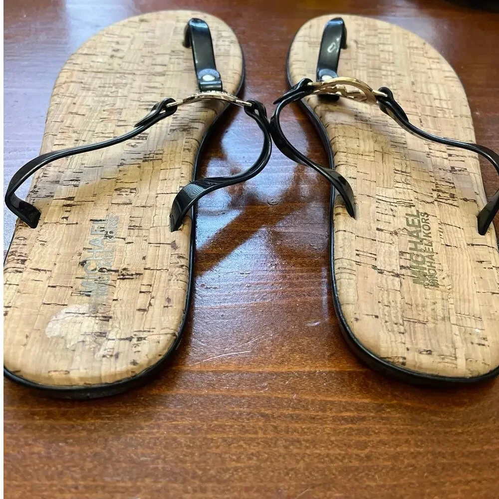Michael Kors Signature Flip Flops With Black Straps and Gold Emblem- Womens  11